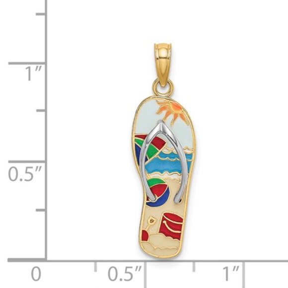 14k Yellow Gold 3D Enameled Flowers or Beach Scene On Flip Flop Charm Pendant - Picture 6 of 9